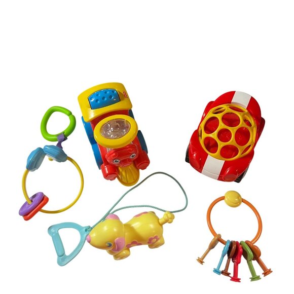 Colorful Baby Toy Bundle With Train Car Rattle & Pull-Along Dog - Picture 1 of 6